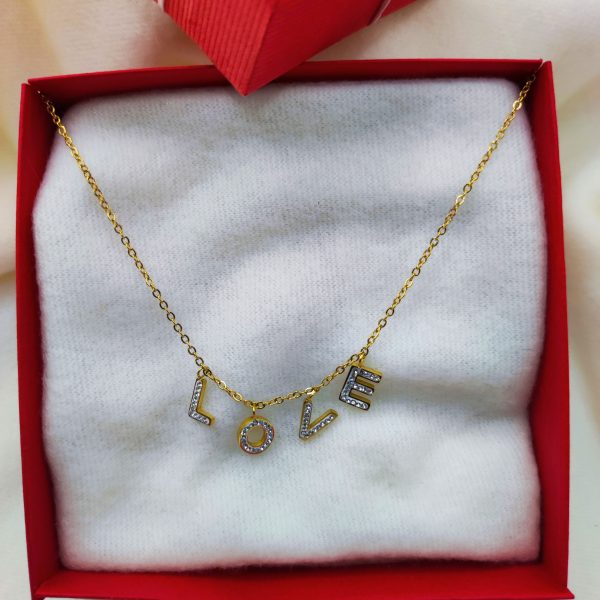 Collier en acier inoxydable avec strass avec le mot love