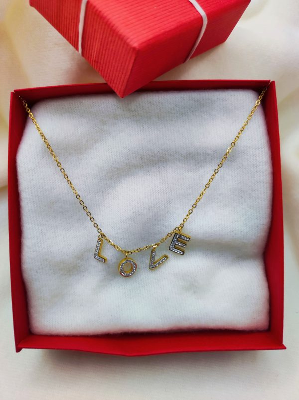 Collier en acier inoxydable avec strass avec le mot love